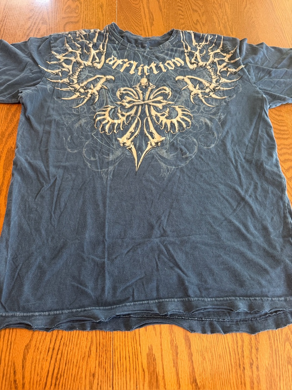 Affliction Blue Y2k T-Shirt with Logo and Skeletal Designs